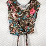 Anthropologie Brown Floral Tropical Linen Blend Tie Front Top Photo 0
