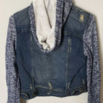 Free People  Knit Hooded Denim Jacket Distressed Hood Button Down XS Photo 10