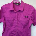 Harley Davidson Womens Short Sleeve Shirt Size L Pink Button Up Y2K Woven Wings Size L Photo 1
