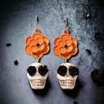 Skull Orange Flower Black Rose Eyes Drop Dangle Halloween Earrings‎ Faux Fashion Photo 2