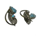 Vintage Silver Tone Leaf‎ Teal Stone Clip On Earrings Boho Retro Germany Photo 2