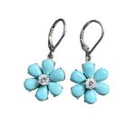 New Sleeping Beauty Turquoise Flower 925 Earrings with Diamond Center Blue Photo 2