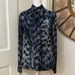 ALLSAINTS Tia Mesh Semi Sheer Blue Abstract Boho Artsy High Neck Ruched Top Sz 6 Photo 1