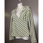 Fashion Bug Shirt Womens Medium Green Striped Wrap Surplice Top Blouse Stretch Photo 2