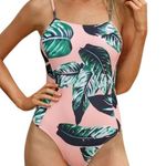 One Piece Pink Leafy Lace Up Cross Back Spaghetti Strap Swimsuit Size Medium Photo 0