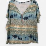 Vintage Y2K Paisley Keyhole Tie Front Tee – Boho 3X Frilly Trim (Sz 3X) Blue Photo 1