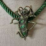 Heidi Daus "Madame Grasshopper" Crystal Green Enamel Brooch + Green Rope Cord Ne Photo 3