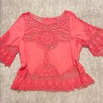Women's Large XL Coral Crochet top embroidered crinkle so cute! Democracy? Orange Photo 1