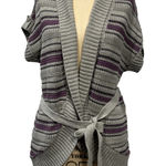 Sonoma Cardigan Sweater Womens M Gray Purple Striped Knit Belted Short Sleeve Photo 0
