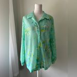 Vintage ‘80s Sea Green, White & Yellow Sheer Floral Print Button Down Blouse Green Size XL Photo 1
