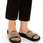 Kendall + Kylie  women black leather slide Shiloh gold chain sandals US 7.5 Photo 1