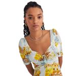 Anthropologie  The Vineyard Floral Satin Midi Dress Blue Yellow Puff Sleeve sz 4 Photo 6