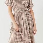 Urban Outfitters Linen Wrap Gingham Midi Dress Brown White Short Sleeve Tie Photo 10