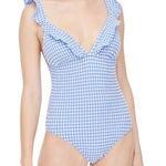 J.Crew v-neck ruffle adjustable strap one piece swimsuit. Blue/white Gingham XL Photo 0
