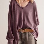 Free People  We The Free Coraline Thermal‎ Waffle Knit Top Chocolate Photo 0