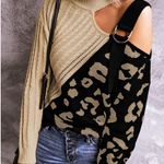 Long Sleeve Cold Shoulder Turtleneck Knit Pullover Sweater Leopard Khaki Black Multiple Size XXL Photo 3