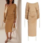 Atlein Dress Beige Ruched Long Sleeve Off Shoulder Designer Midi Dress Size 40 Tan Photo 1