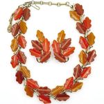 Vintage 1960 Signed Lisner Thermoset Lucite Fall Leaves Necklace Bracelet Set Orange Photo 0