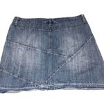 Noir Denim Mini Skirt Size 8 Patchwork Raw Hem Blue Front Pockets Boho Festival Photo 2