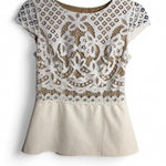 Bailey 44 size S cream and brown lace short sleeve top with a leather peplum Photo 0