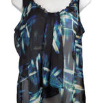 Apostrophe  M Black Blue Green Abstract Print Sleeveless‎ Ruffle Trim Tank Top Photo 0