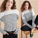 LA LIGNE NYC White Navy Stripe Viscose Silk Teddy Tee Blue Photo 0
