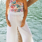 Japna  100% gauze cotton white boho pull on elastic waist wide leg pants XL​​ Photo 0