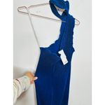 L’IDEE Regal Blue 90s One Shoulder High Neck Satin Plisse Lettuce Hemline Dress Size 10 Photo 14