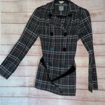 Love Tease  Plaid grey purple trench coat w/black belt size medium button pockets Photo 2