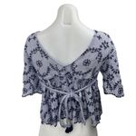 ZARA Blue Floral Embroidered Striped Tassel Short Sleeve Babydoll Blouse Top S Photo 1