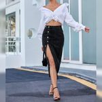 NWOT Button Front Split Denim Midi Skirt – High Waist Slim Fit Pencil Skirt (XL) Black Photo 1