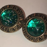 Vintage Brass Tone & Green Glitter Round Dome Clip On Earrings Photo 0