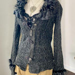 LaSeine Gray Black Witchy Goth Frilly Ruffle Feather Zip Up Flare Cardigan M Size M Photo 0