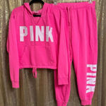 PINK - Victoria's Secret  Cinched Crop Hoodie & Sweatpants Atomic Pink Set L/XL Photo 0
