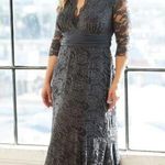 Kiyonna Screen Siren Lace evening Gown Drape V Neck 3/4 Sleeve Twilight Grey 2 Gray Size 18 Photo 0