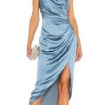 Elliatt Revolve Cassini One-Shoulder Satin Ruched Gown Dress Slit Blue Formal XS Photo 0