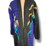 Vintage 80s Wool Mohair Cardigan Sweater Black Purple Geometric Abstract Art Blue Size M Photo 0
