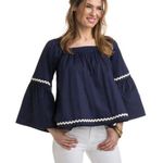Vineyard Vines  Navy/White Woven Ric Rac Bell Sleeve Shirred Top Size Small Photo 0