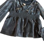 Le Serein Calais Smocked Mesh Long Sleeve Top Shirt Blouse Metallic Small NWT Gray Photo 7