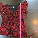 MSK Y2K Red Black Animal Print Blouse Large Ruffle Sheer Flutter Sleeve USA READ Photo 6