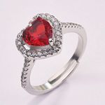 18K White Gold Plated Adjustable Birthstone Crystal Love Heart Ruby Ring for Women Silver Photo 0