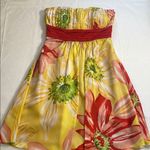 BCBG Paris 100% Silk Strapless Yellow Red Floral Lined Mini Dress Empire Waist 2 Photo 3
