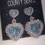 County Seat Silver Tone and Blue Shimmer Enamel Boho Heart Earrings Photo 0