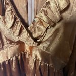 Pink Lily  Blouse Women's Small Copper/Orange V Neck Satin Ruffle Peplum Blouse Photo 3