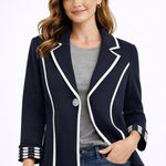 Ming Wang  Nautical Preppy Blazer S | Navy Knit Contrast Trim Jacket Photo 0