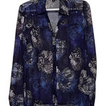 East 5th  Blue Black Sheer Floral Long Sleeve Button Front Blouse Size M‎ Photo 0