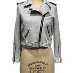 Signatures Moto Jacket Womens Size S light gray Faux Suede Cropped Belt Zippers Blue Photo 0
