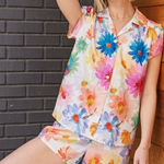 The Cats Pajamas Floral Print Button Up Shirt & Shorts Pajama Set Small White Photo 0