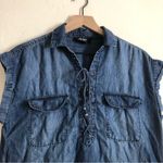 Nine West  Jeans Chambray Soft Denim Cap Sleeves Tie Collar Western Blouse Top Photo 2