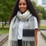ZARA Oversized Color Block Blushed Plaid Fluffy Fringe Blanket Scarf Gray Photo 1